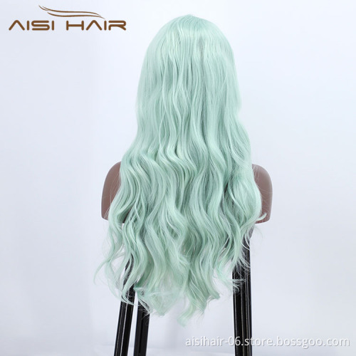 Ombre Swiss Lace Synthetic Hair Wholesale Cheap Vendor Cosplay Long Curly Body Wave Green For Black Women Lace Front Wig